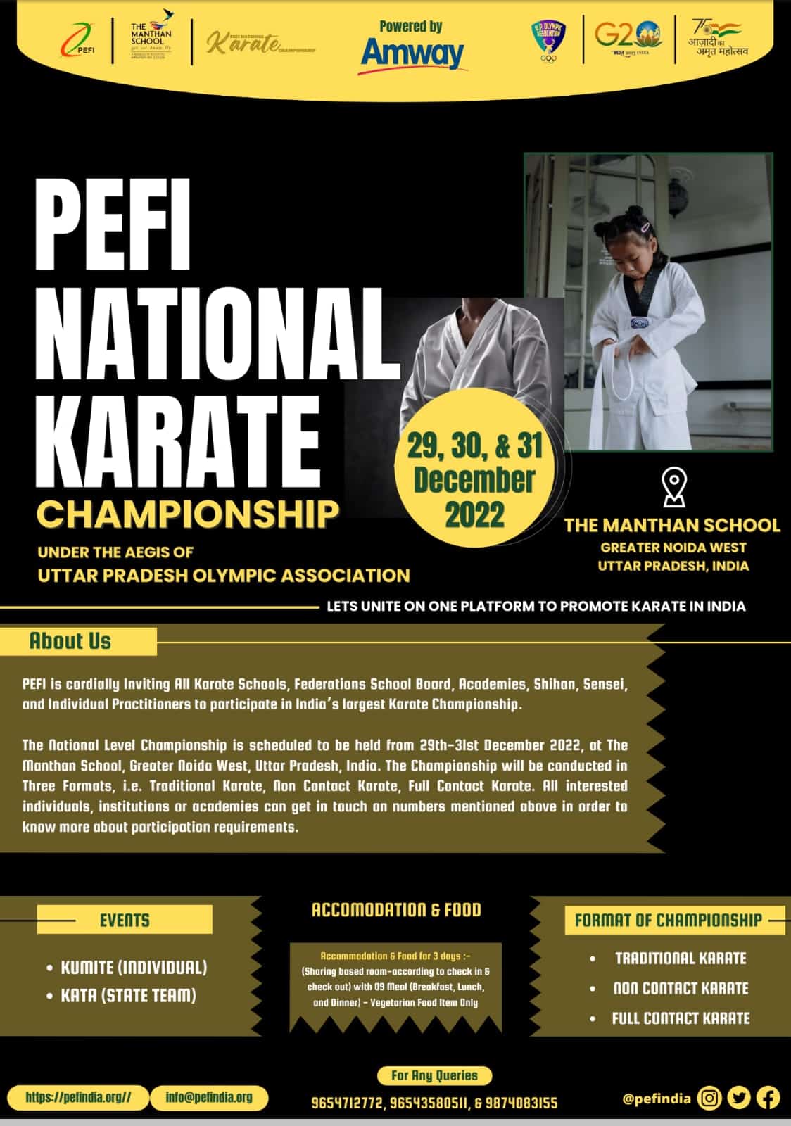 PEFI National Karate Championship To Be Held In Manthan School Greater Noida From 29th – 31st December 2022